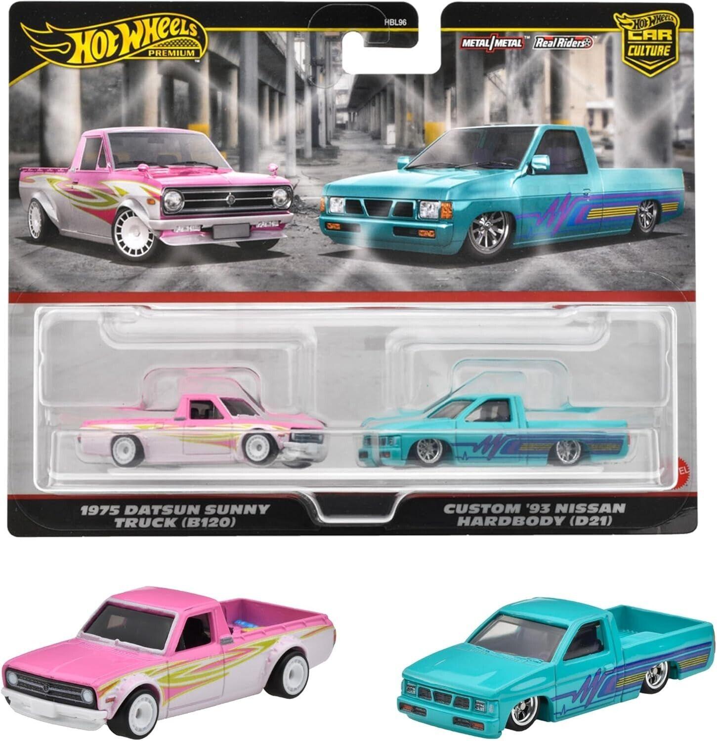 1:64 Hot Wheels 2024 Premium 2-Pack Datsun Sunny Truck (B120) + Custom Nissan Hardbody 979P