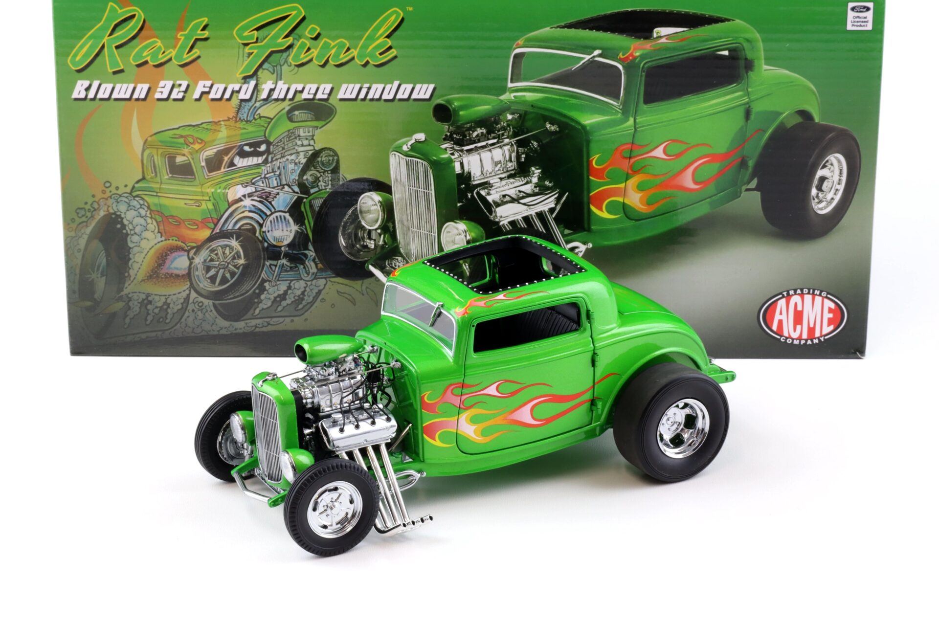 ID 94647 orig.jpg 1:18 ACME 1932 Blown Ford Three Window Hot Rod RAT FINK green