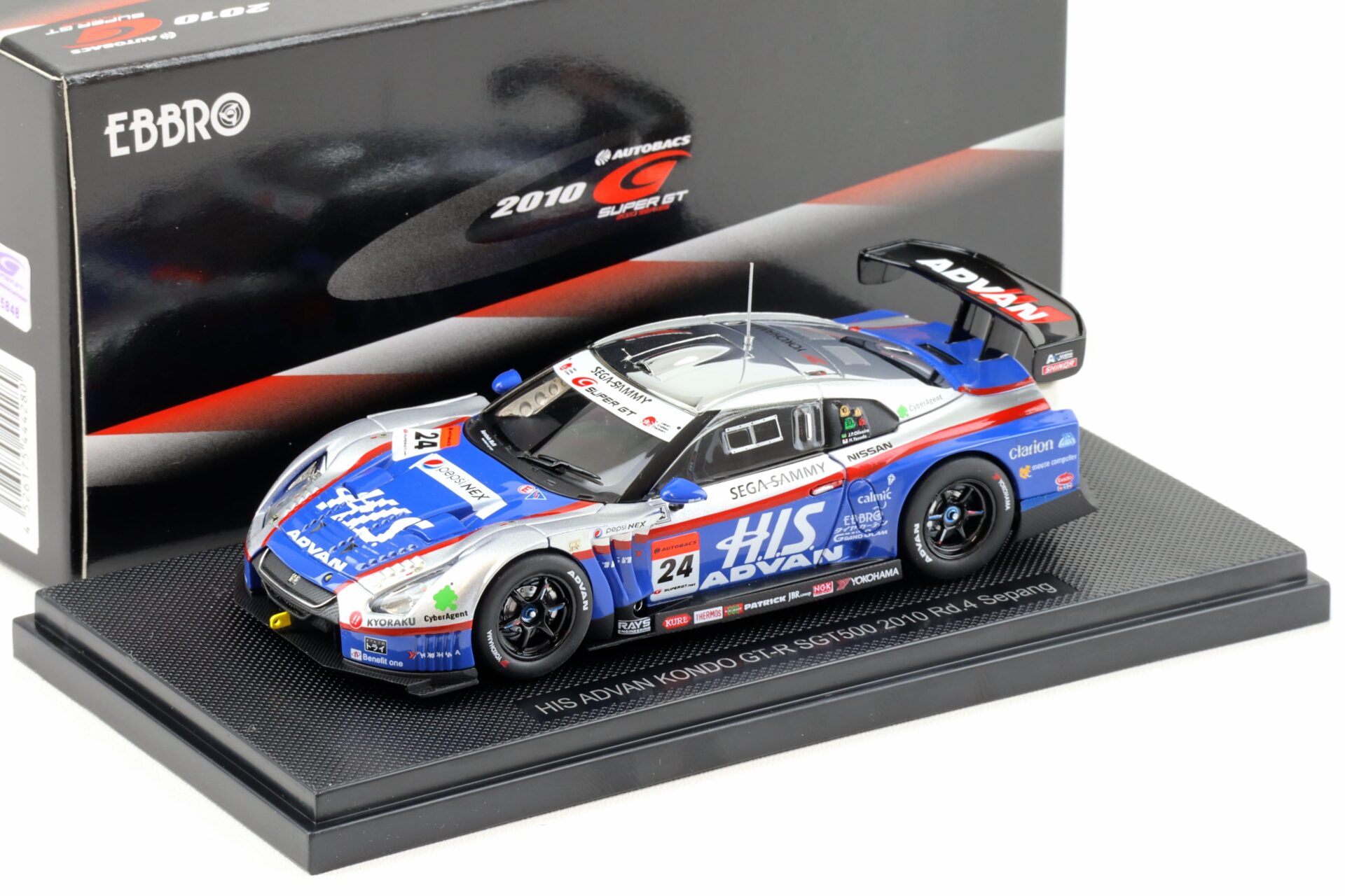 1:43 Ebbro Nissan GT-R Super GT500 HIS ADVAN KONDO 2010 Rd.4 Sepnag #24