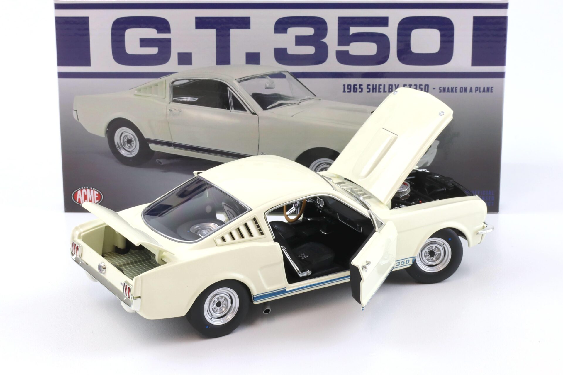 1:18 ACME 1965 Shelby GT350 Coupe SNAKE ON THE PLANE white/ blue