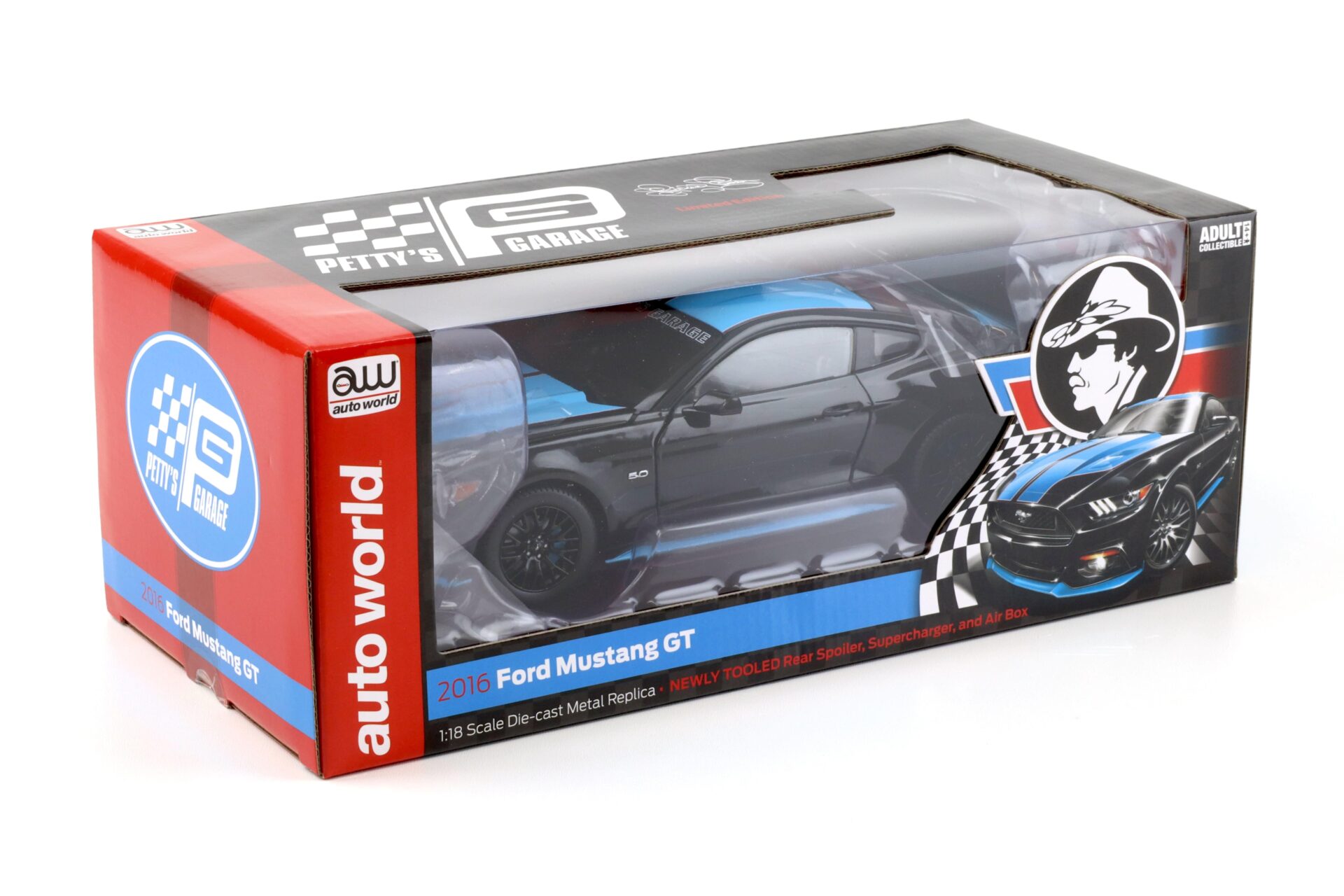 1:18 Auto World 2016 Ford Mustang GT 5.0 Coupe PettyÂ´s Garage black/ blue
