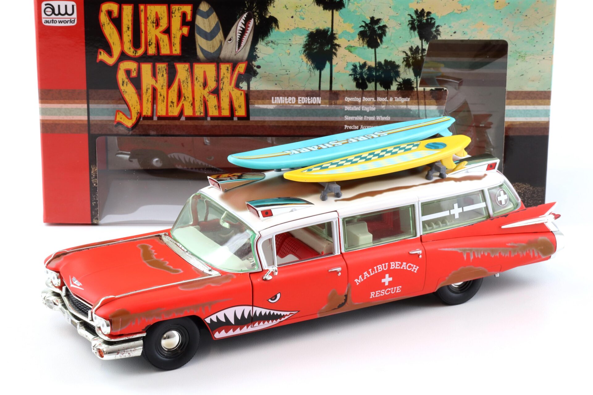 1:18 Auto World 1959 Cadillac Eldorado Ambulance SURF SHARK rusty red