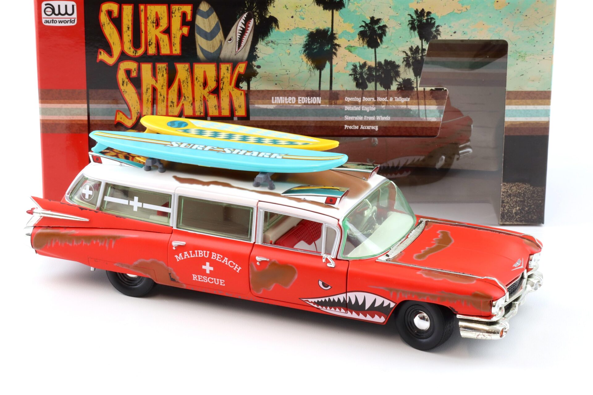 1:18 Auto World 1959 Cadillac Eldorado Ambulance SURF SHARK rusty red