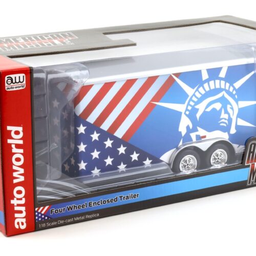 1:18 Auto World Four Wheel Enclosed Trailer Anhänger Patriotic USA red/white/blue