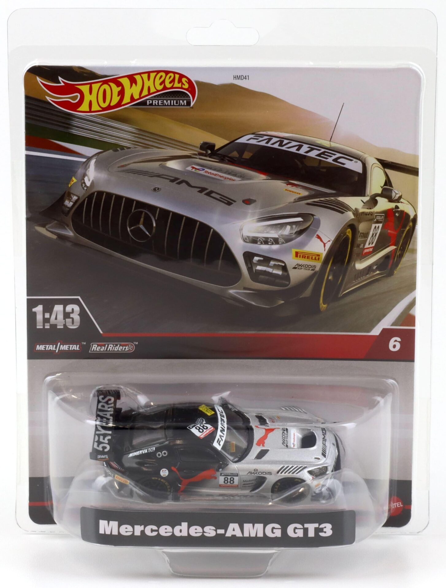 1:43 Hot Wheels Premium 2024 Real Riders HMD44 Mercedes AMG GT3 #88 black/silver