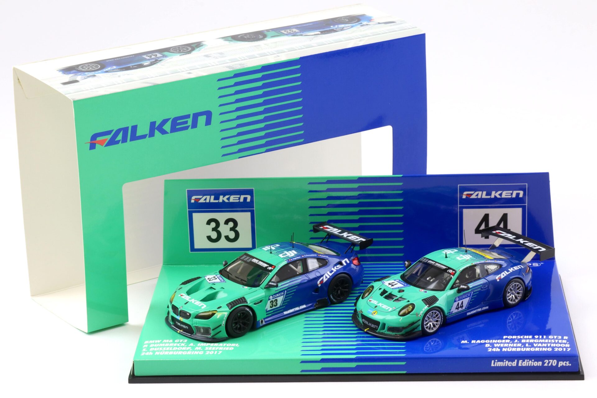 1:43 Minichamps 2-Car Set BMW M6 GT3 #33 & Porsche 911 GT3 R #44 Falken 2017 Nürburgring