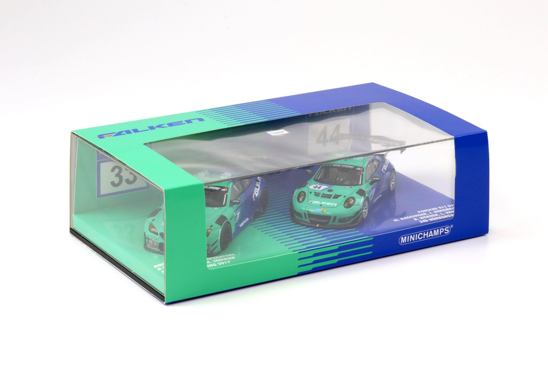 1:43 Minichamps 2-Car Set BMW M6 GT3 #33 & Porsche 911 GT3 R #44 Falken 2017 Nürburgring