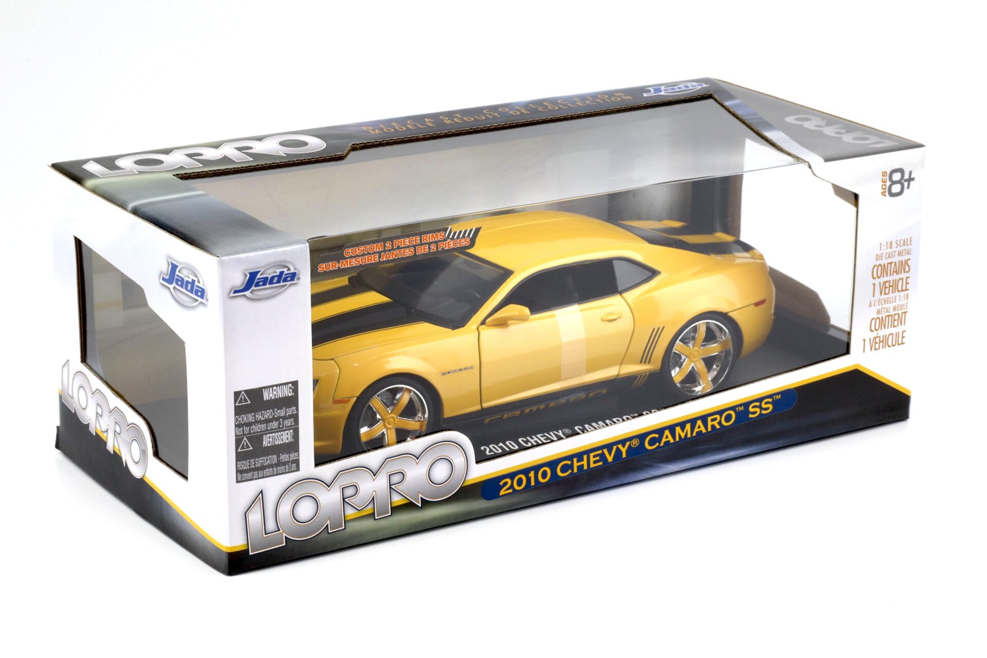 1:18 JADA Toys 2010 Chevrolet Camaro SS Coupe LOPRO metallic yellow/ black stripes