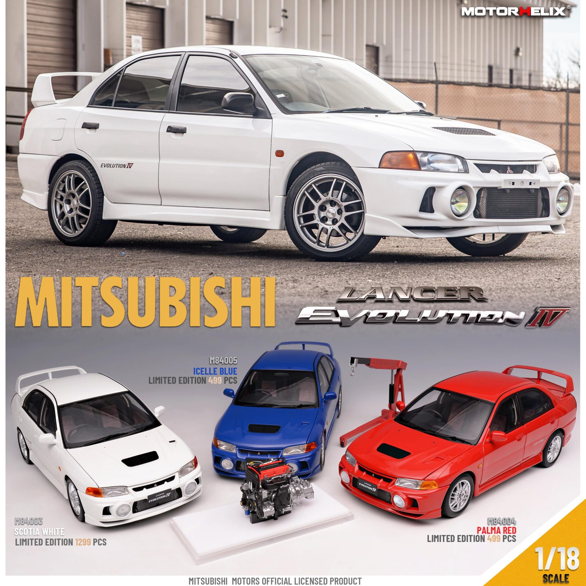 1:18 Motorhelix Mitsubishi Lancer EVO 4 IV Palma red 1999 with engine M84004