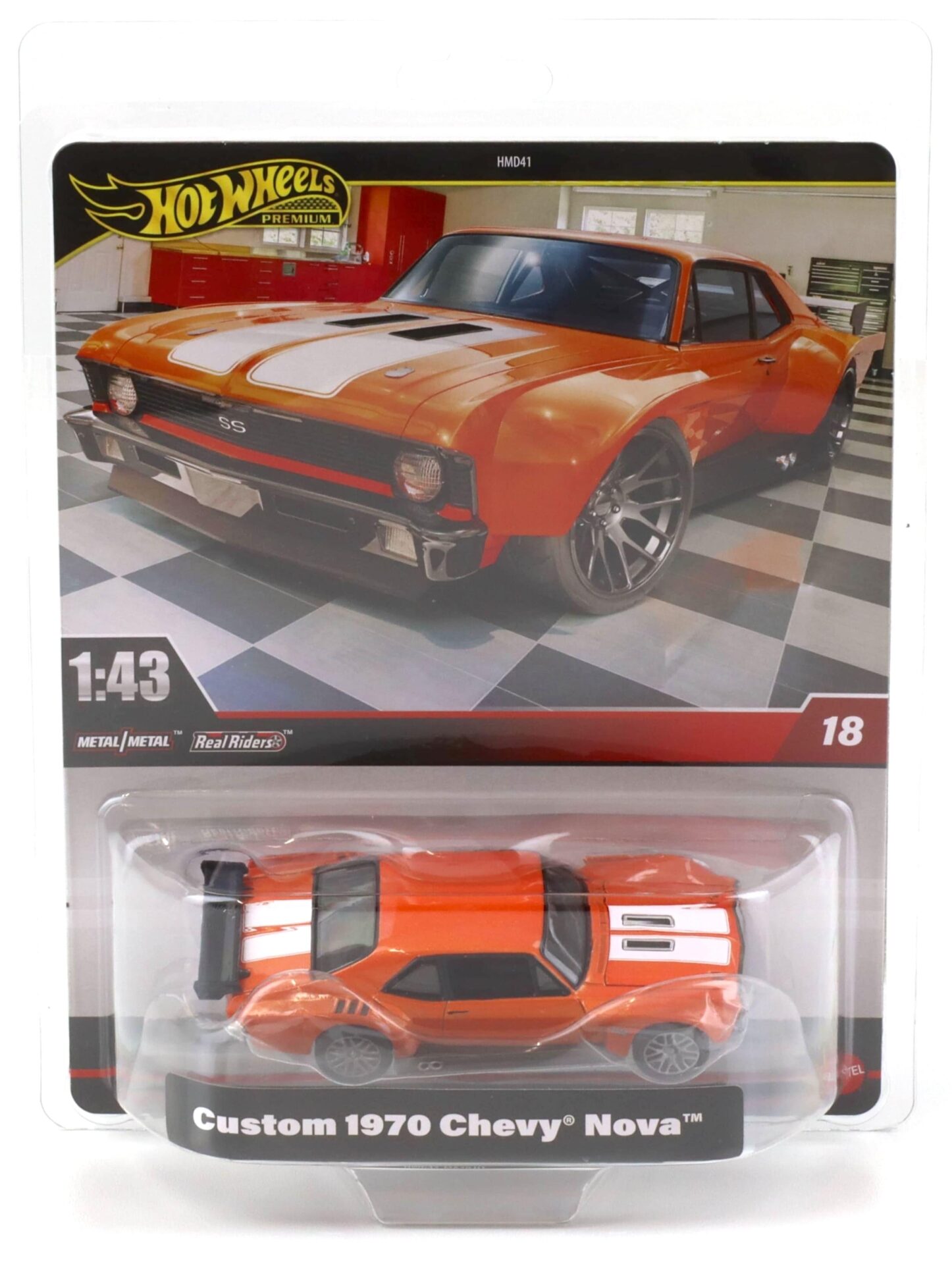 1:43 Hot Wheels Premium 2025 Real Riders HWG43 Custom 1970 Chevrolet Nova orange