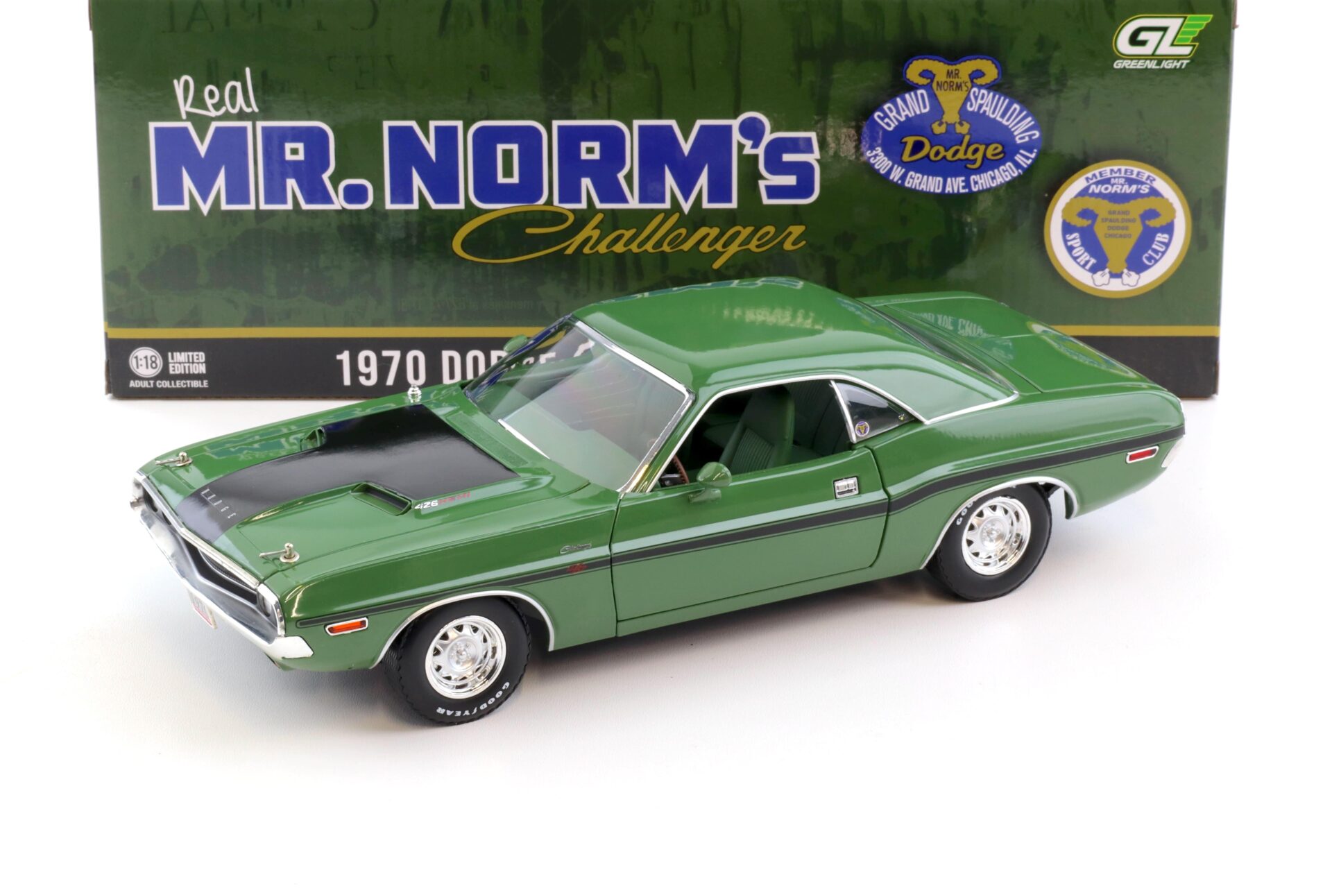 1:18 Greenlight 1970 Dodge Challenger R/T 426 Hemi Coupe Mr.Norms green/ black
