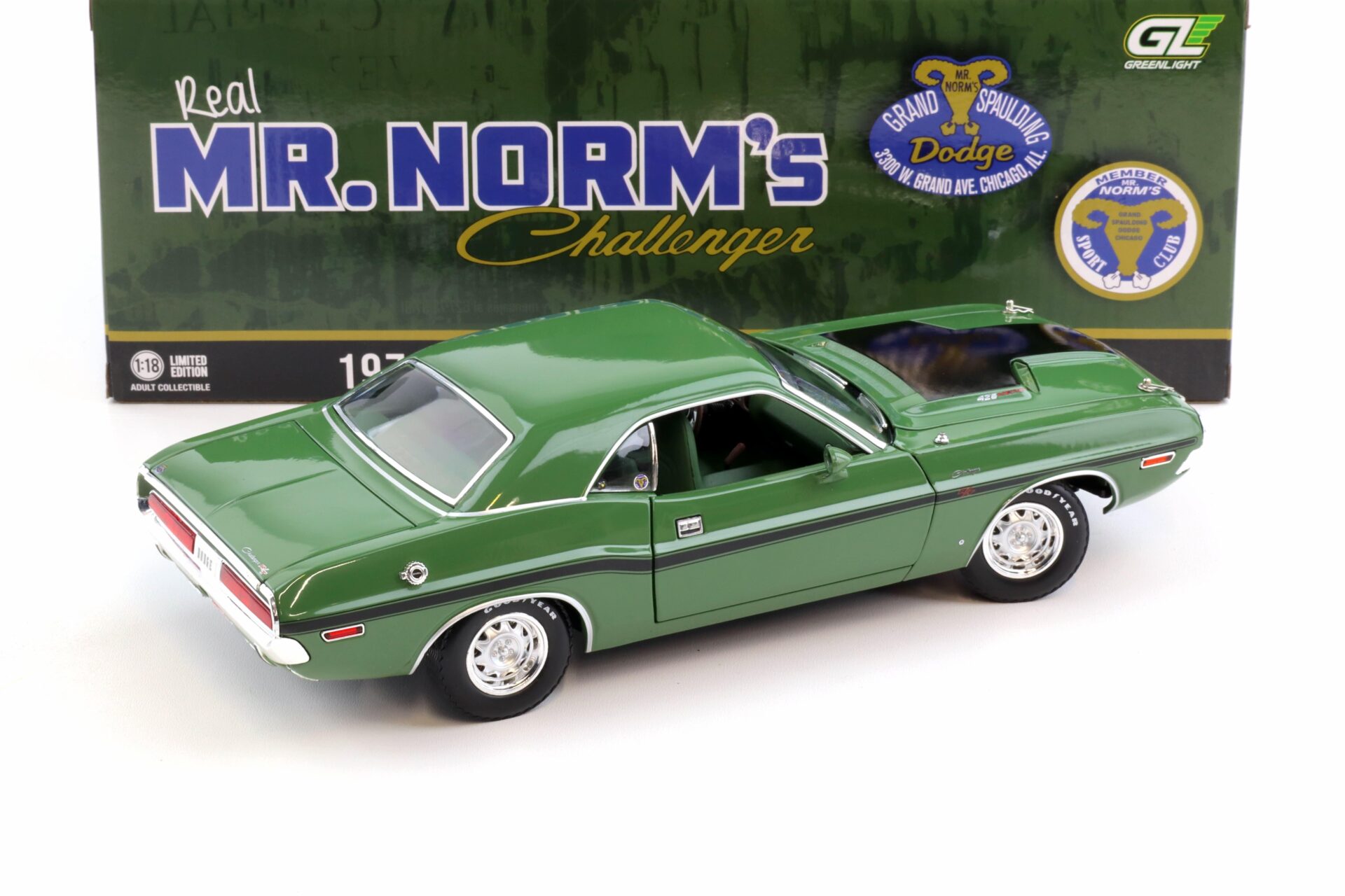 1:18 Greenlight 1970 Dodge Challenger R/T 426 Hemi Coupe Mr.Norms green/ black
