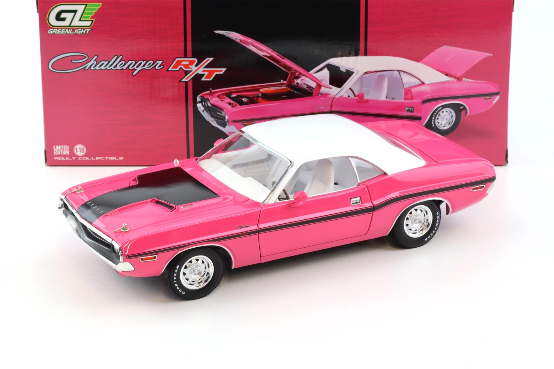1:18 Greenlight 1970 Dodge Challenger R/T 440 Six Pack Coupe Panther pink