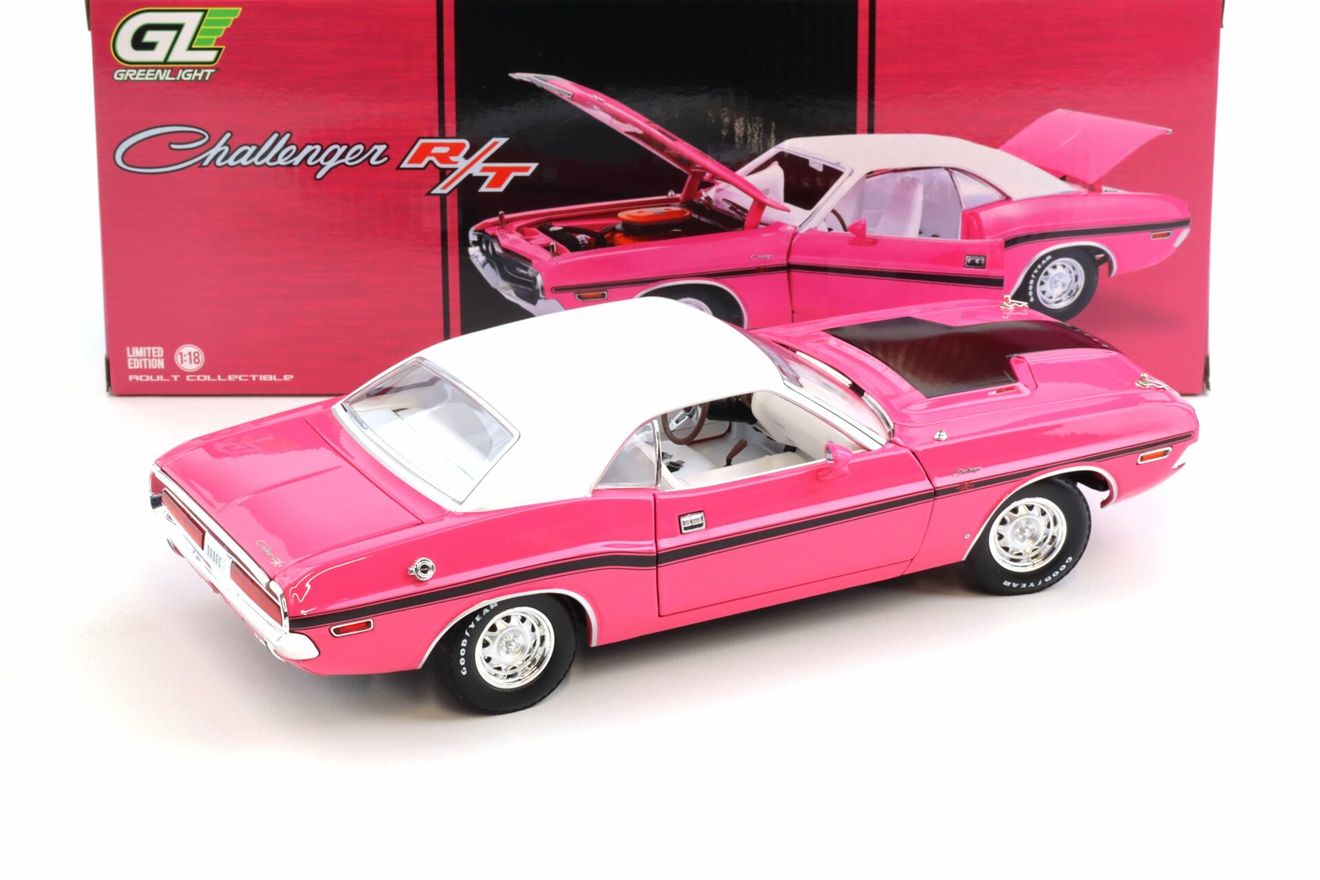1:18 Greenlight 1970 Dodge Challenger R/T 440 Six Pack Coupe Panther pink