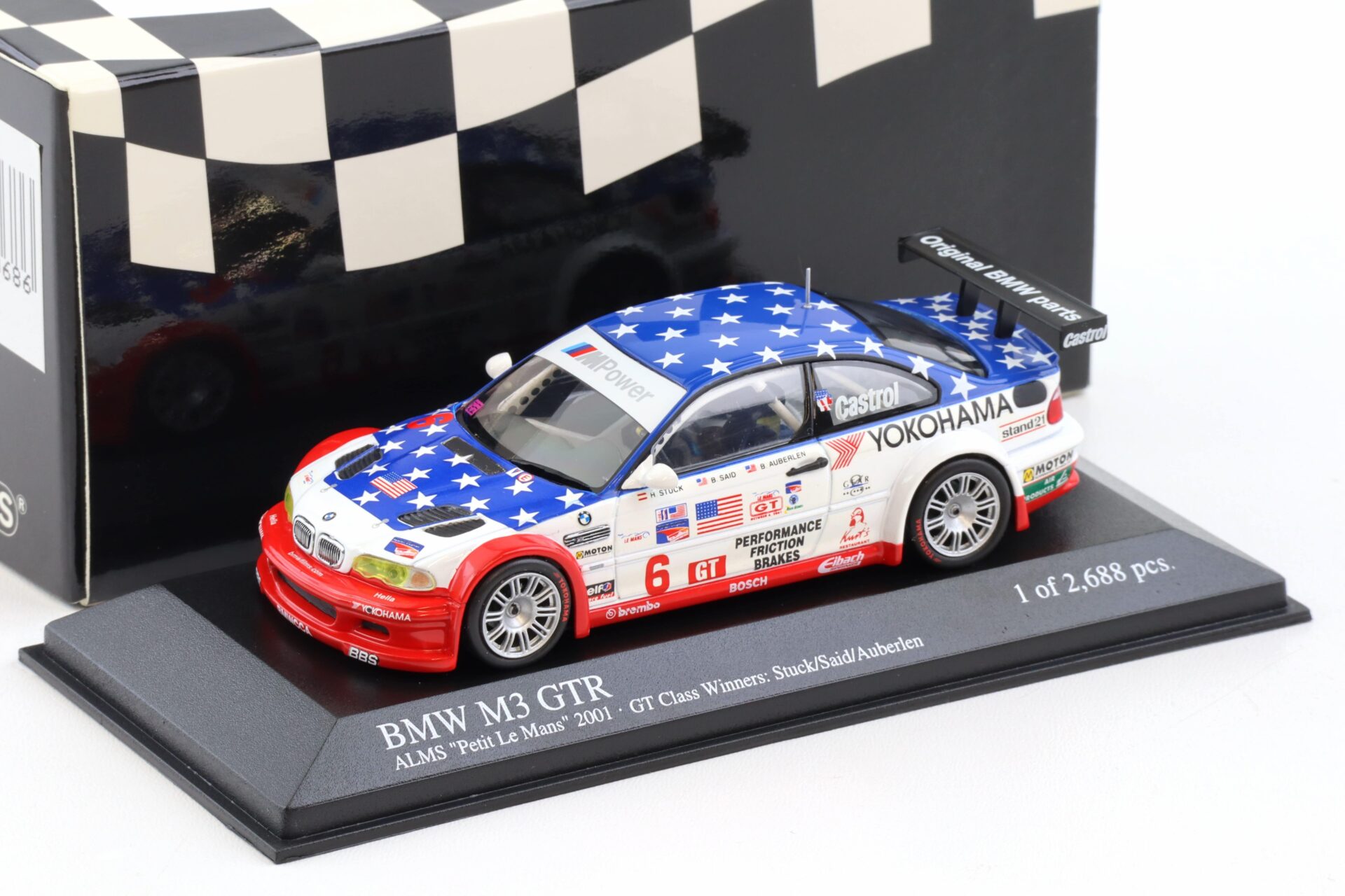 1:43 Minichamps BMW M3 E46 GTR ALMS Petit Le Mans 2001 GT Class Winner Stuck #6
