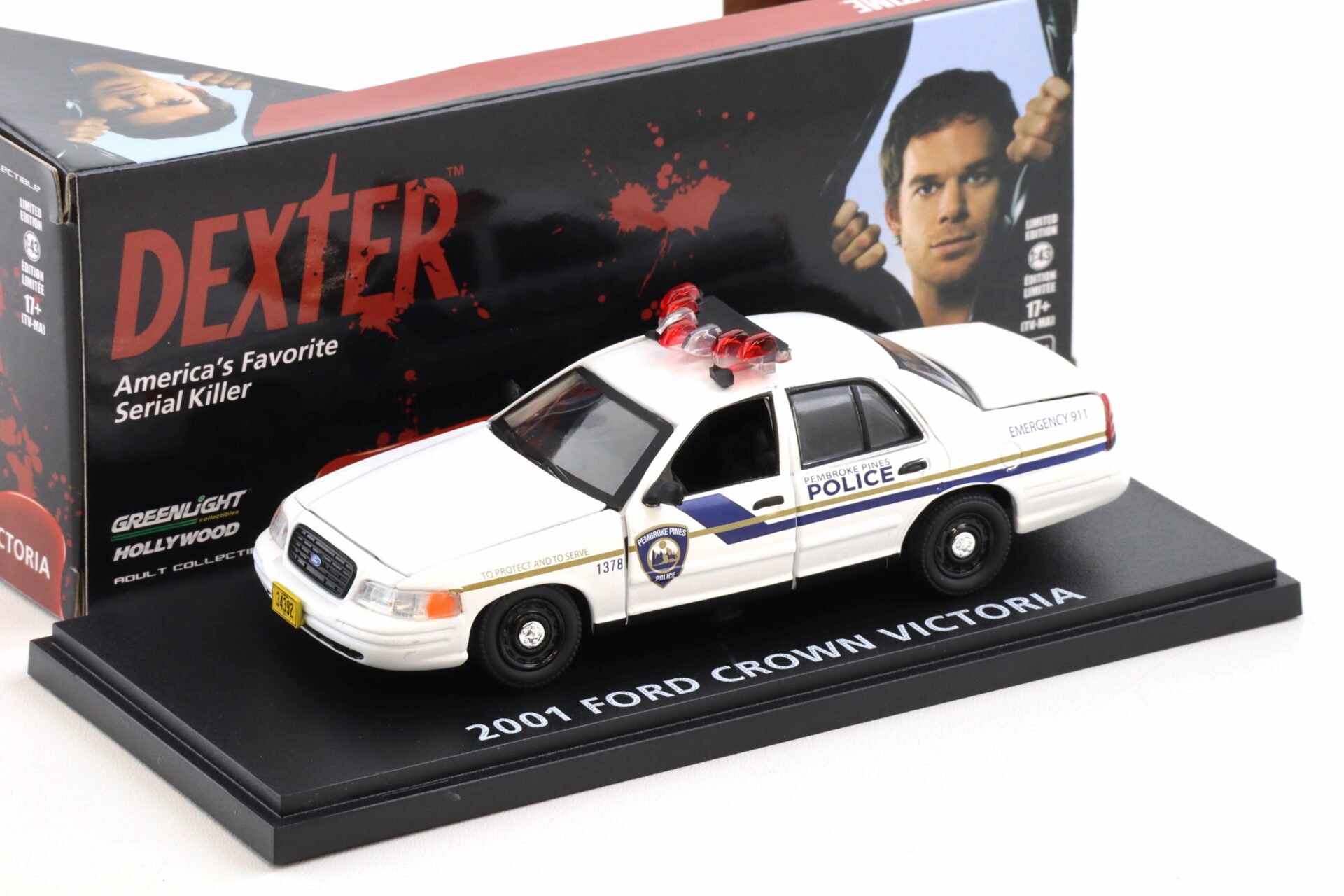 1:43 Greenlight 2001 Ford Crown Victoria Pembroke Pines Police DEXTER white