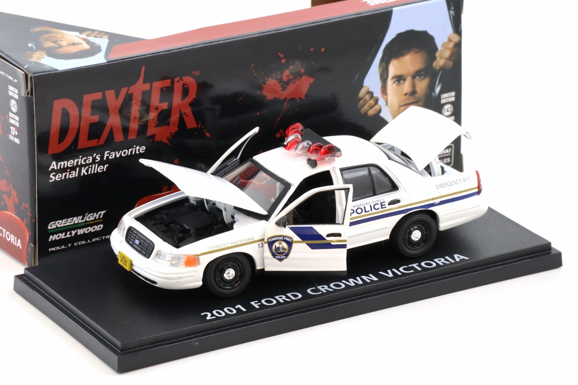 1:43 Greenlight 2001 Ford Crown Victoria Pembroke Pines Police DEXTER white