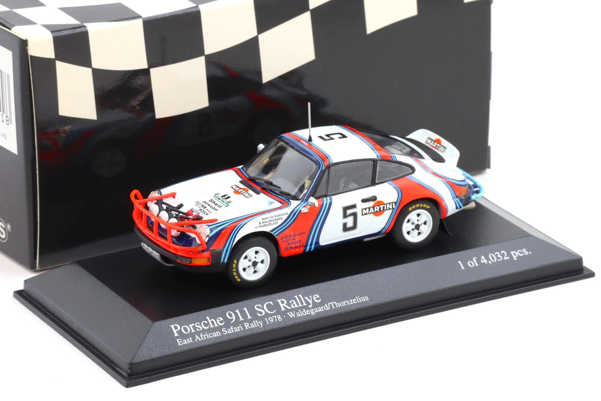 1:43 Minichamps Porsche 911 SC Rallye East African Safari 1978 Waldegaard #5 Martini