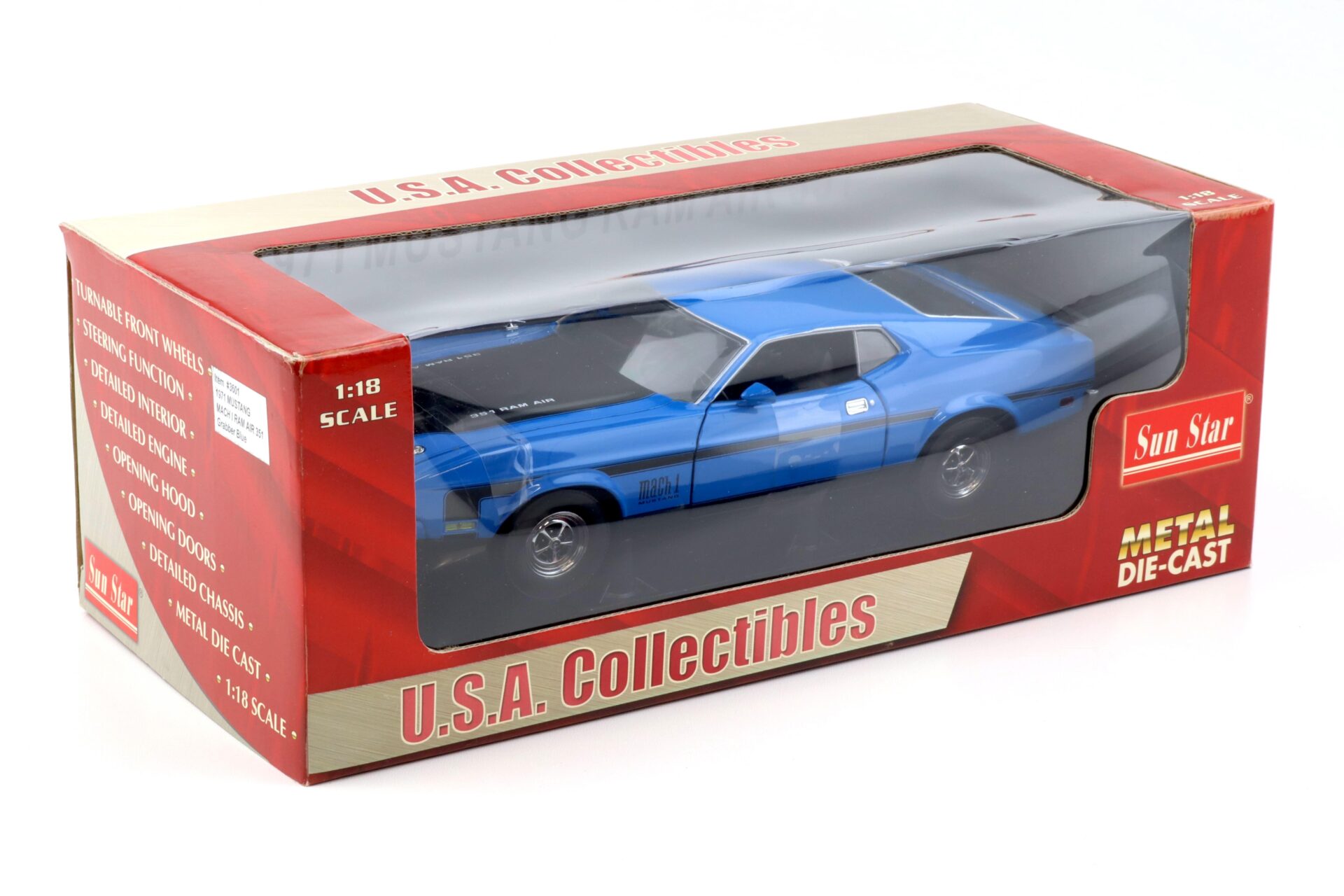 1:18 Sun Star 1971 Ford Mustang Mach 1 Ram Air 351 Coupe Grabber blue