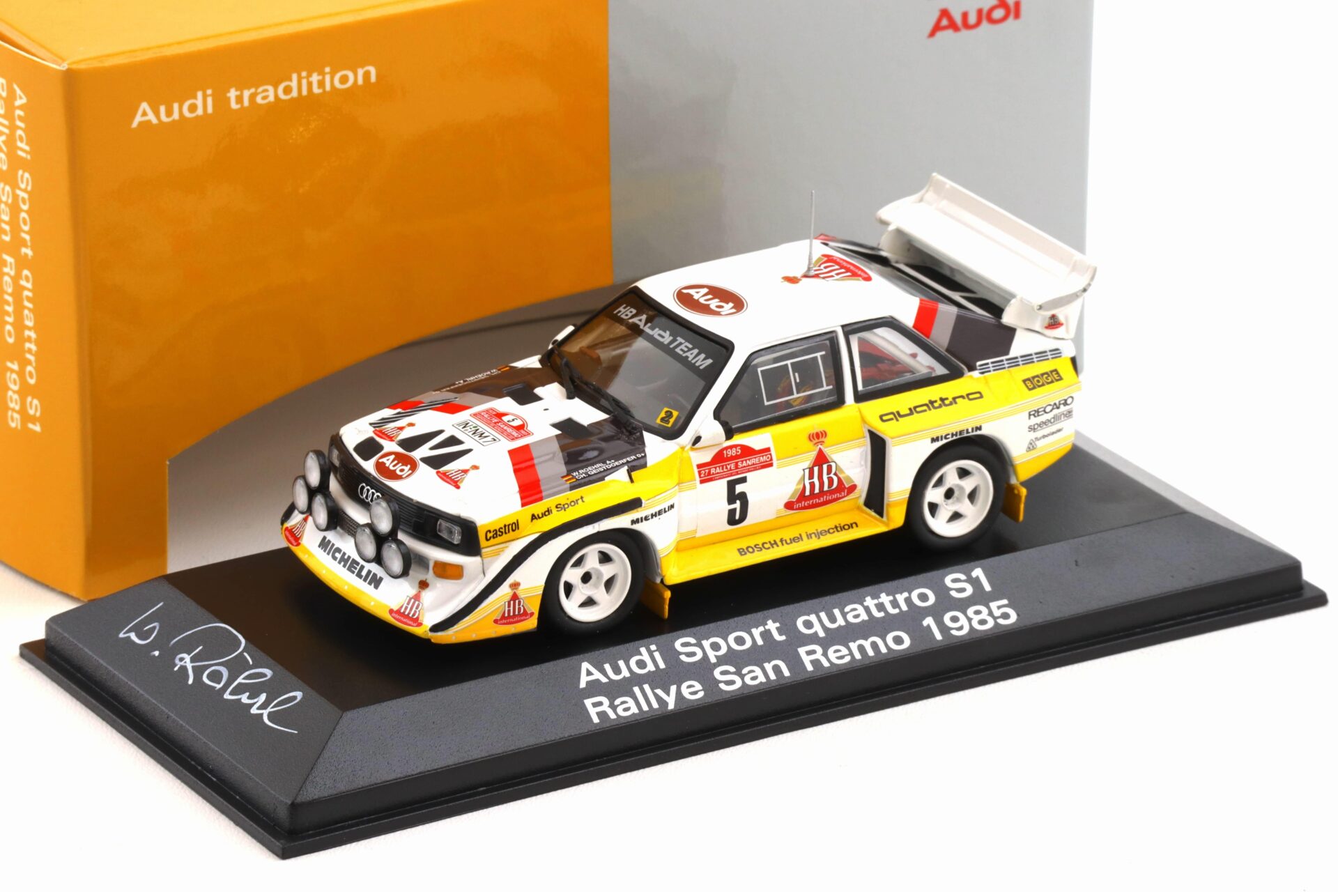 1:43 Minichamps Audi Sport Quattro S1 Rally San Remo 1985 #5 signiert DEALER VERSION