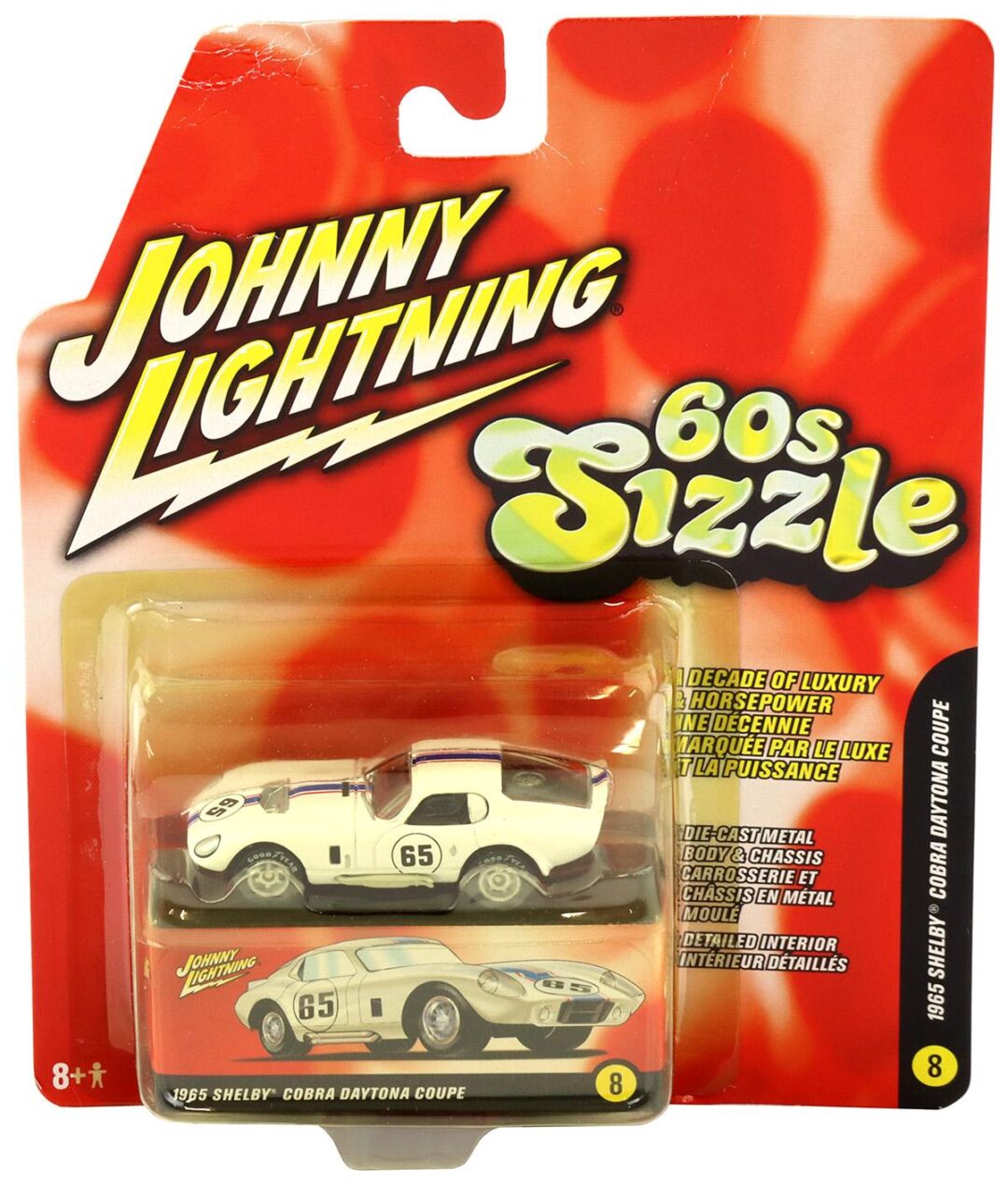1:64 Johnny Lightning 1965 Shelby Cobra Daytona Coupe #65 White 60s Sizzle
