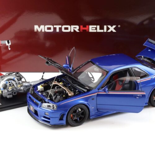 1:18 Motorhelix Nissan Skyline GT-R R34 Nismo CRS Bayside blue/ Carbon hood M83430