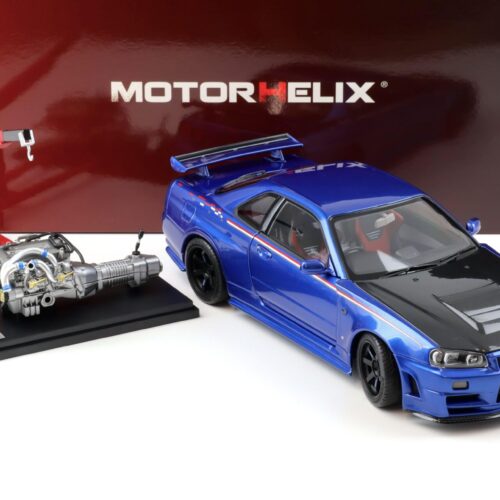 1:18 Motorhelix Nissan Skyline GT-R R34 Nismo CRS Bayside blue/ Carbon hood M83430
