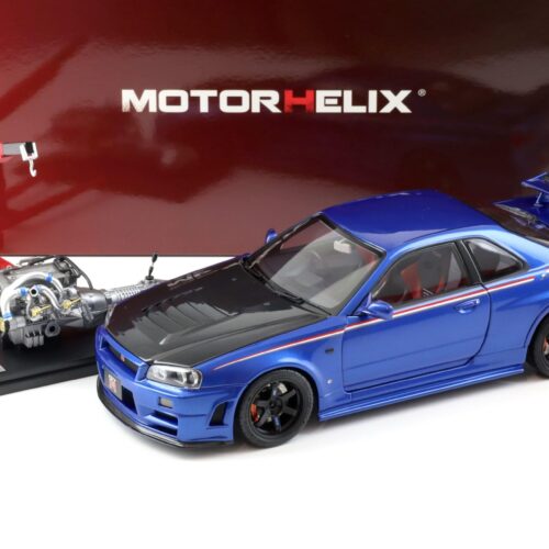 1:18 Motorhelix Nissan Skyline GT-R R34 Nismo CRS Bayside blue/ Carbon hood M83430