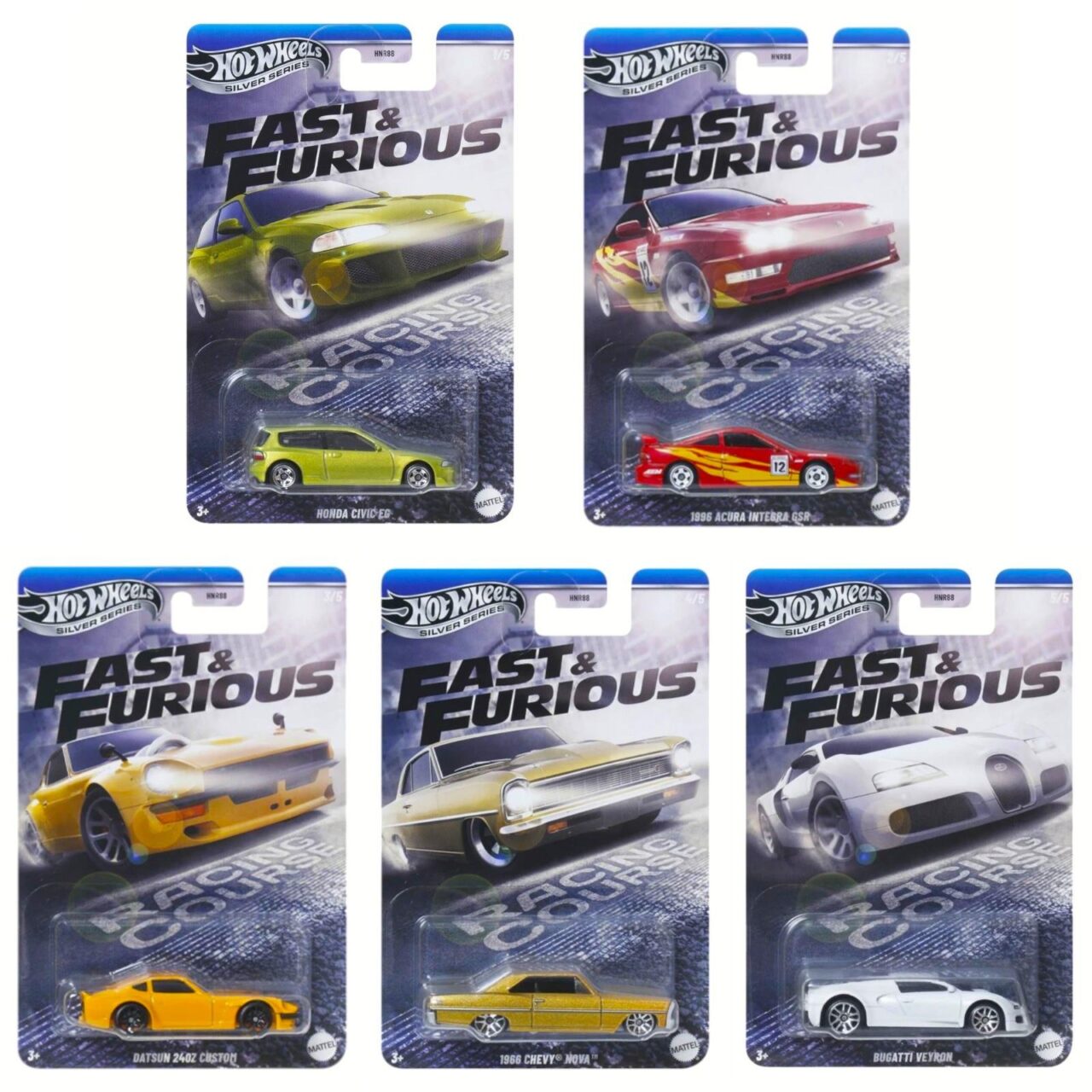 1:64 Hot Wheels 2025 Fast & Furious Racing Course SET 5 pcs. 979K Honda, Bugatti