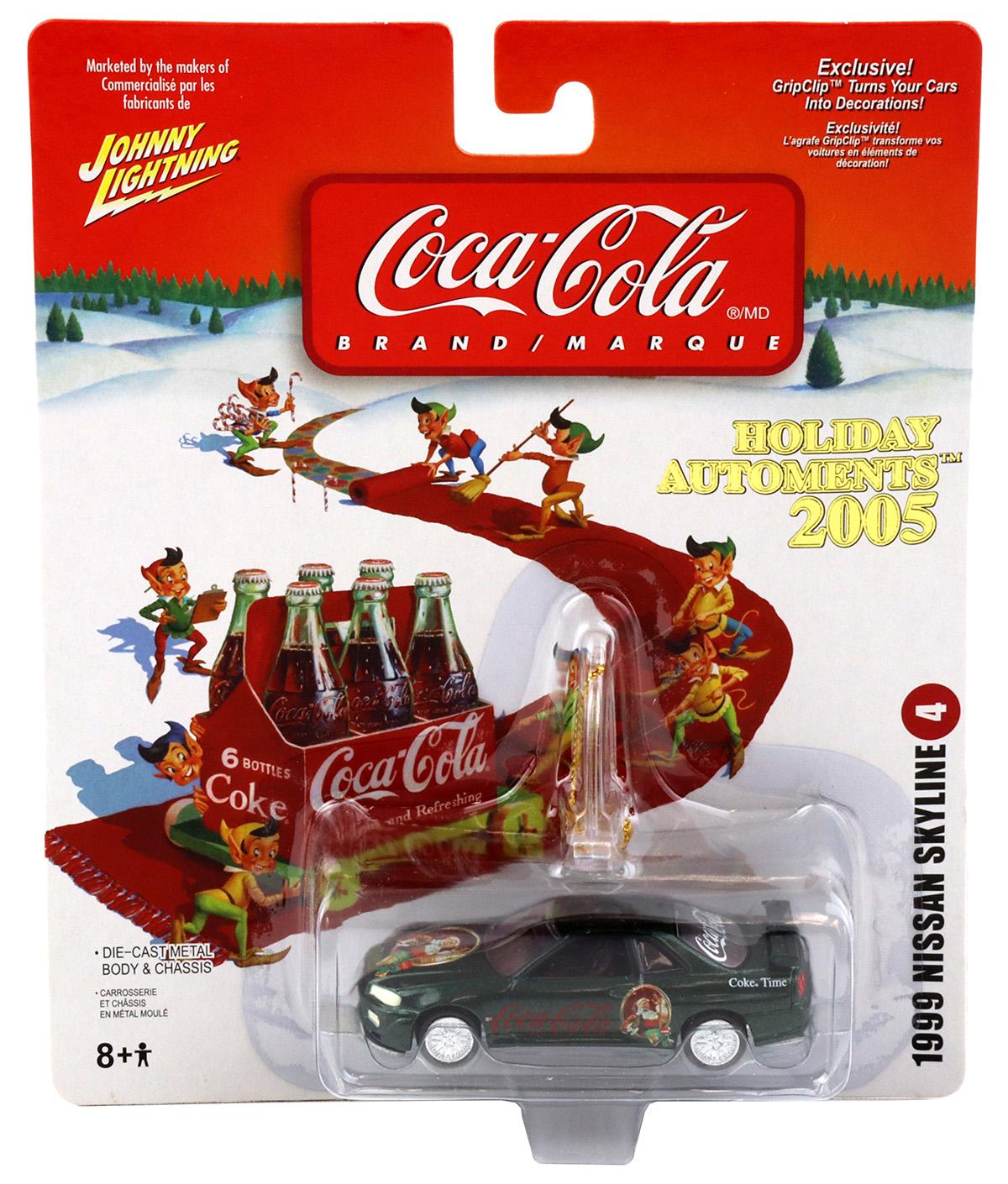 1:64 Johnny Lightning 1999 Nissan Skyline Dark green metallic Holiday Automents 2005 Coca Cola Brand