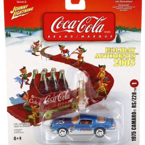 1:64 Johnny Lightning 1975 Camaro RS/Z28 blue metallic Holiday Automents 2005 Coca Cola Brand