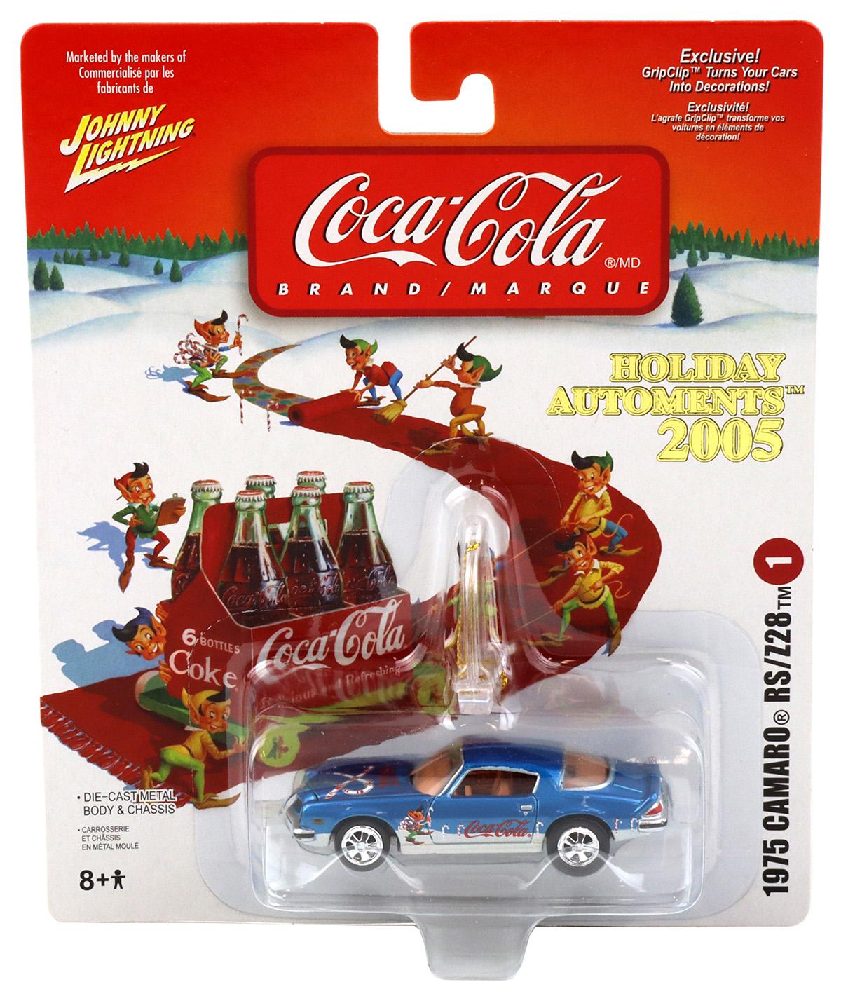 1:64 Johnny Lightning 1975 Camaro RS/Z28 blue metallic Holiday Automents 2005 Coca Cola Brand