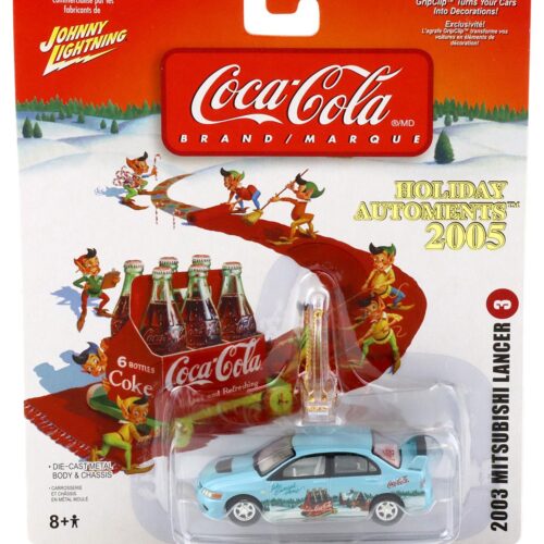 1:64 Johnny Lightning 2003 Mitsubishi Lancer light blue Holiday Automents 2005 Coca Cola Brand