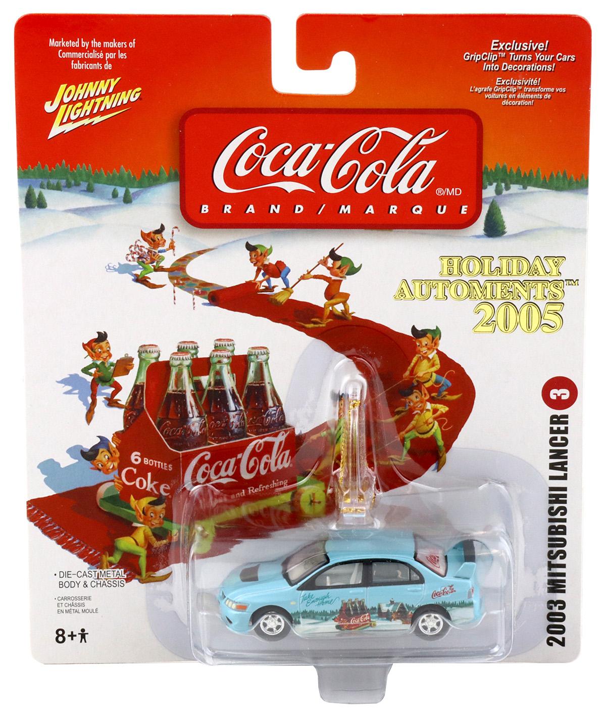 1:64 Johnny Lightning 2003 Mitsubishi Lancer light blue Holiday Automents 2005 Coca Cola Brand