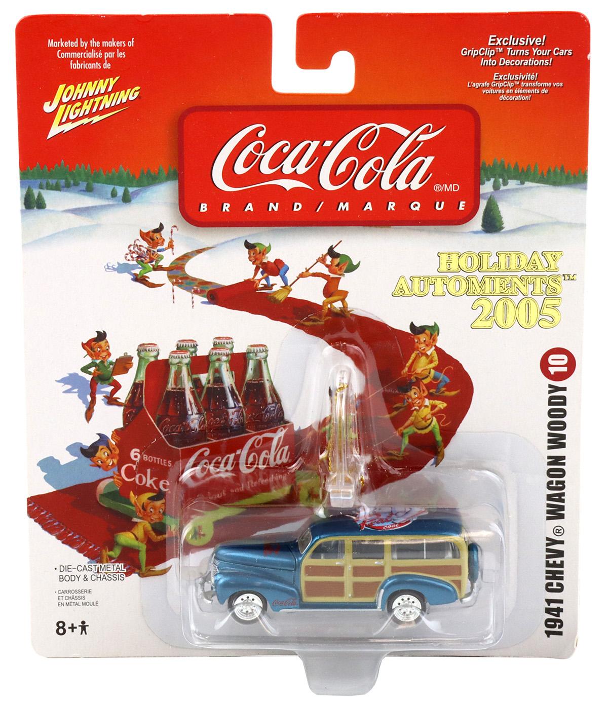 1:64 Johnny Lightning 1941 Chevy Wagon Woody Holiday Automents 2005 Coca Cola Brand