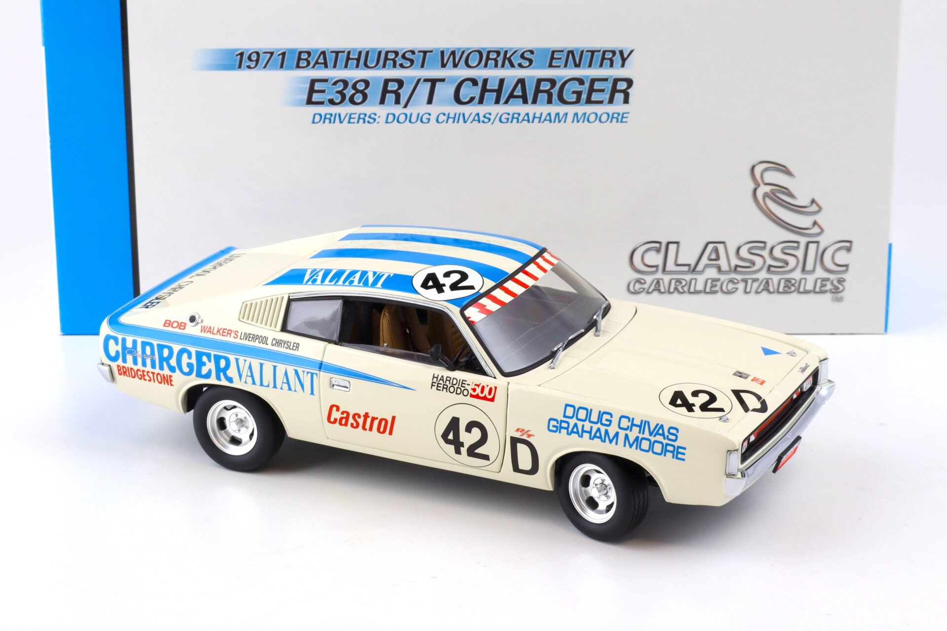 1:18 Classic Carlectables Chrysler E38 R/T Charger 1971 Bathurst Works Entry Chivas/ Moore #42