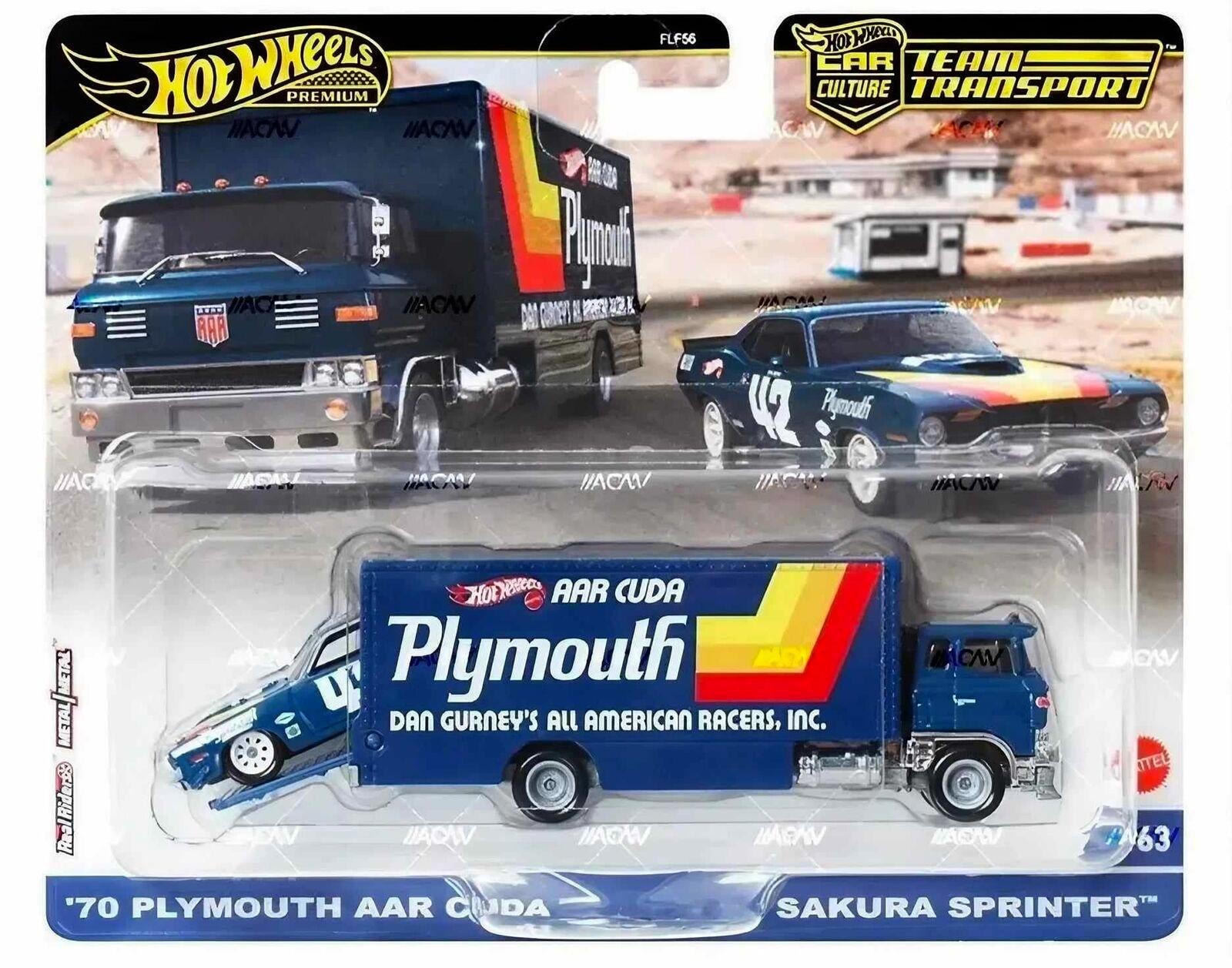 1:64 Hot Wheels Premium 2024 Team Transport 1970 Plymouth AAR Cuda + Sakura Sprinter