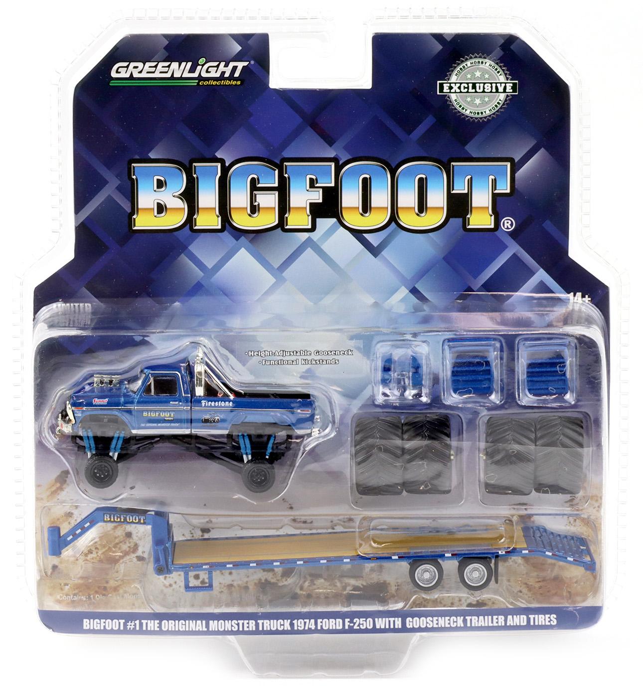 1:64 Greenlight 1974 Ford F-250 Bigfoot Monster Truck with Trailer Hobby Exclusive