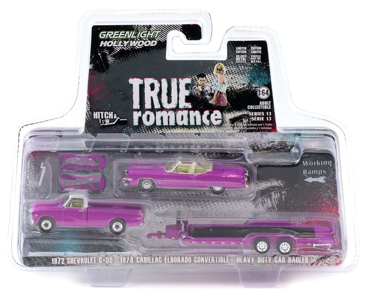 1:64 Greenlight Hollywood Hitch&Tow True Romance 1972 Chevrolet C-30 + Cadillac