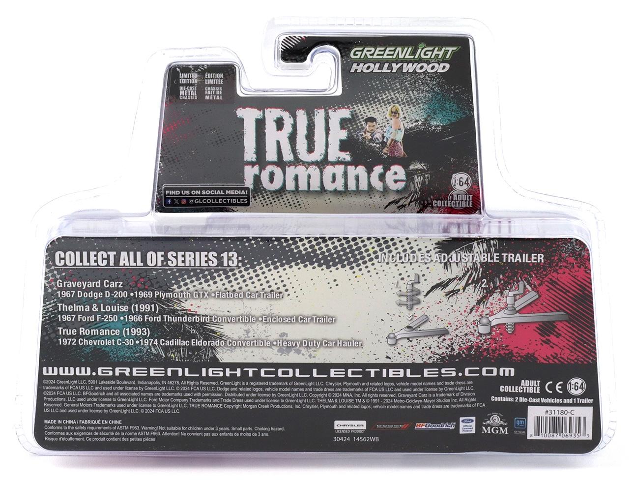 1:64 Greenlight Hollywood Hitch&Tow True Romance 1972 Chevrolet C-30 + Cadillac