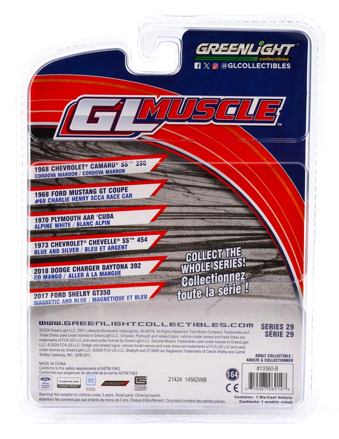 1:64 Greenlight GL Muscle 1968 Ford Mustang GT Coupe #68 Charlie Henry SCCA