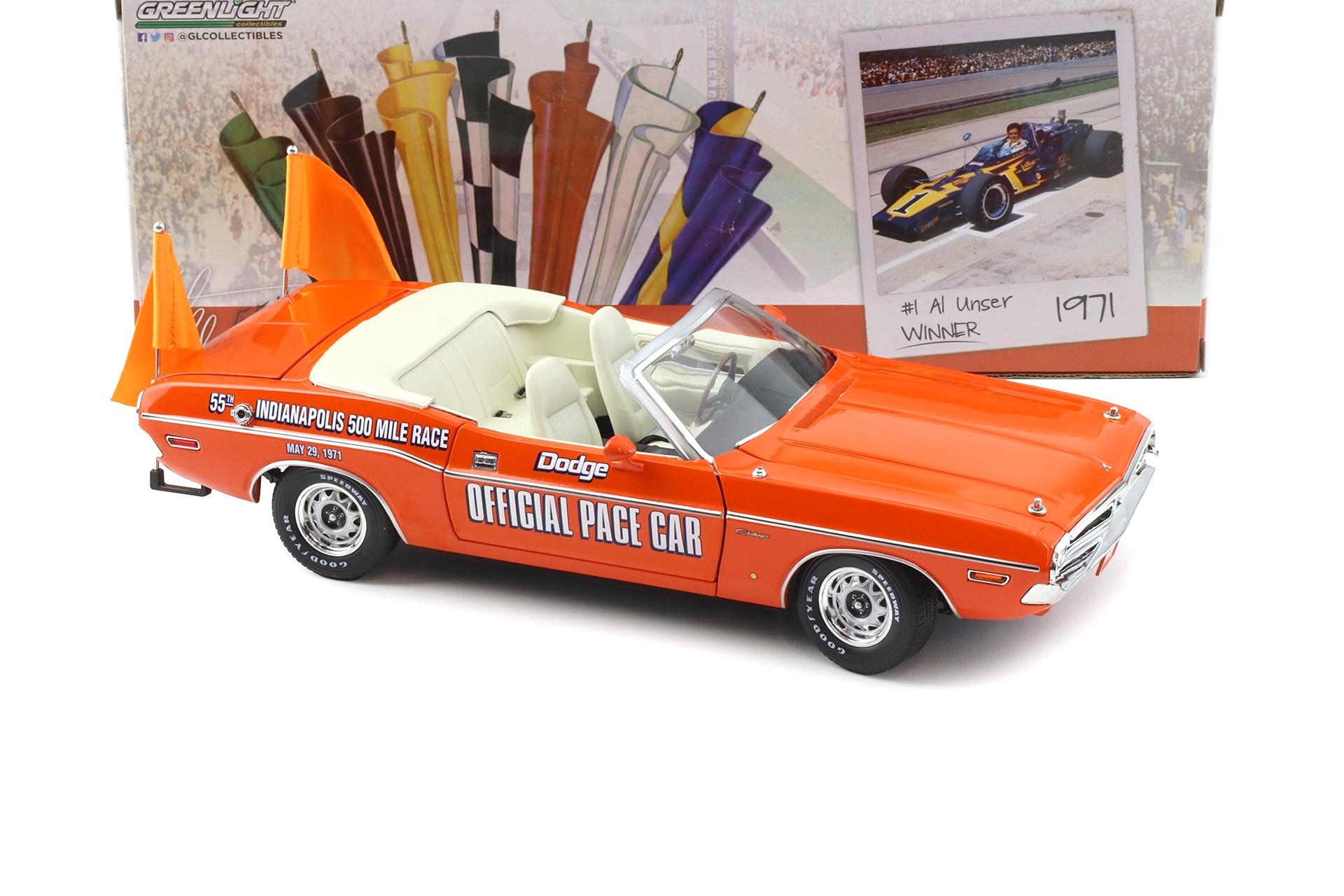1:18 Greenlight 1971 Dodge Challenger Convertible 55th Indianapolis Pace Car orange