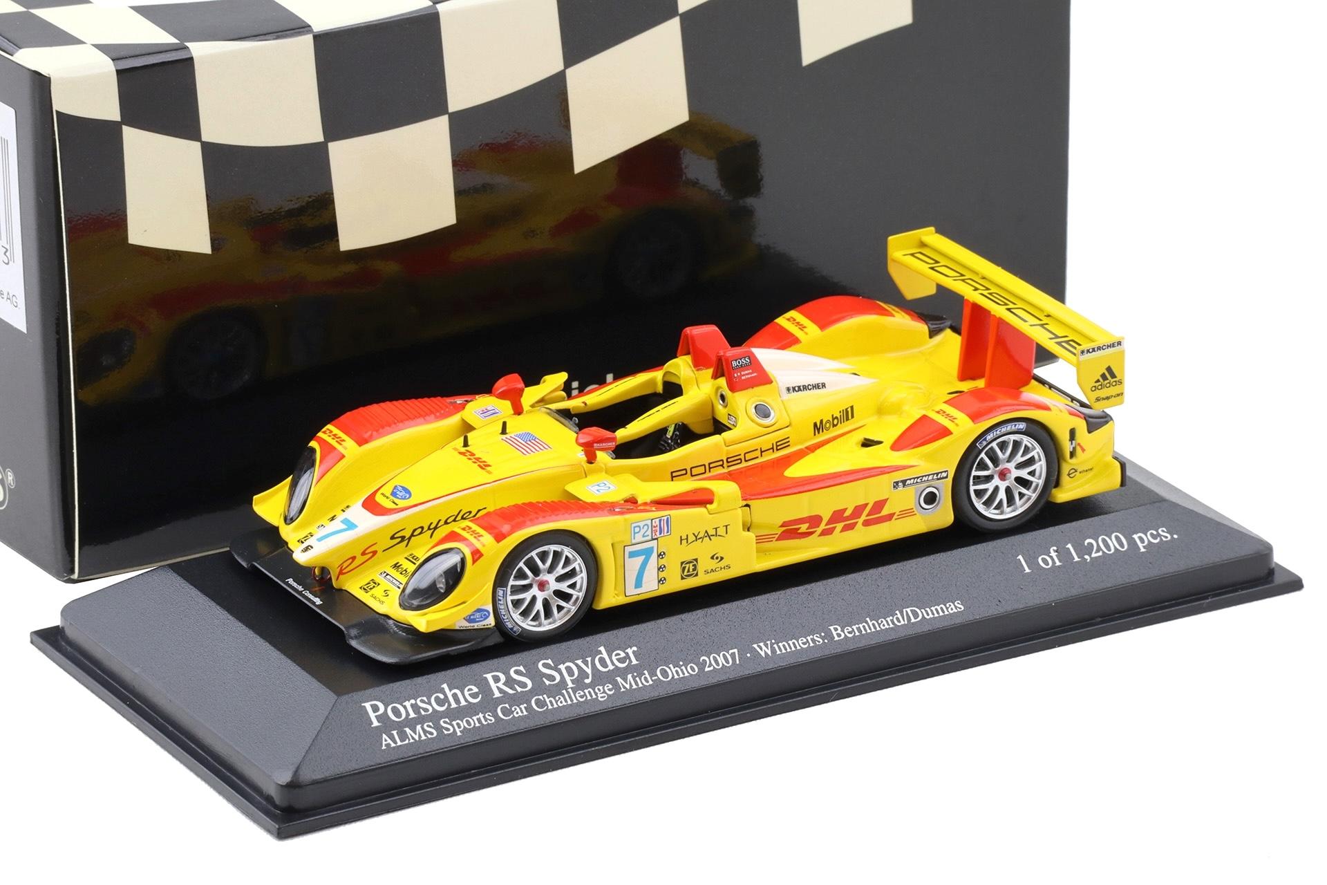 1:43 Minichamps Porsche RS Spyder Mid-Ohio ALMS 2007 Winners Dumas/Bernhard #7