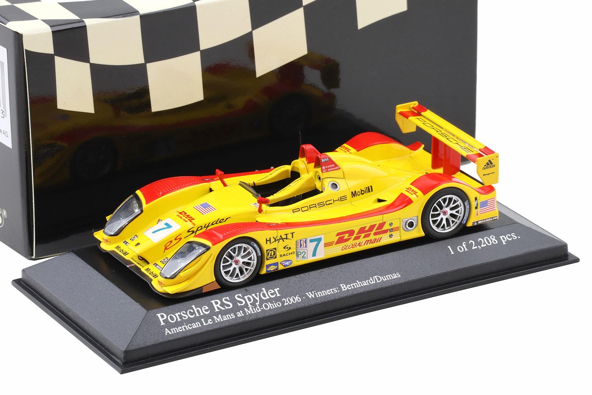 1:43 Minichamps Porsche RS Spyder Mid-Ohio ALMS 2006 Winners Dumas/Bernhard #7