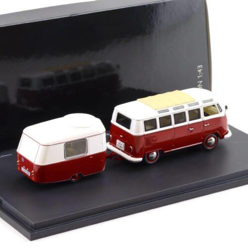 1:43 Schuco VW T1 Samba Bus mit Eriba Puck Wohnanhänger red/ white