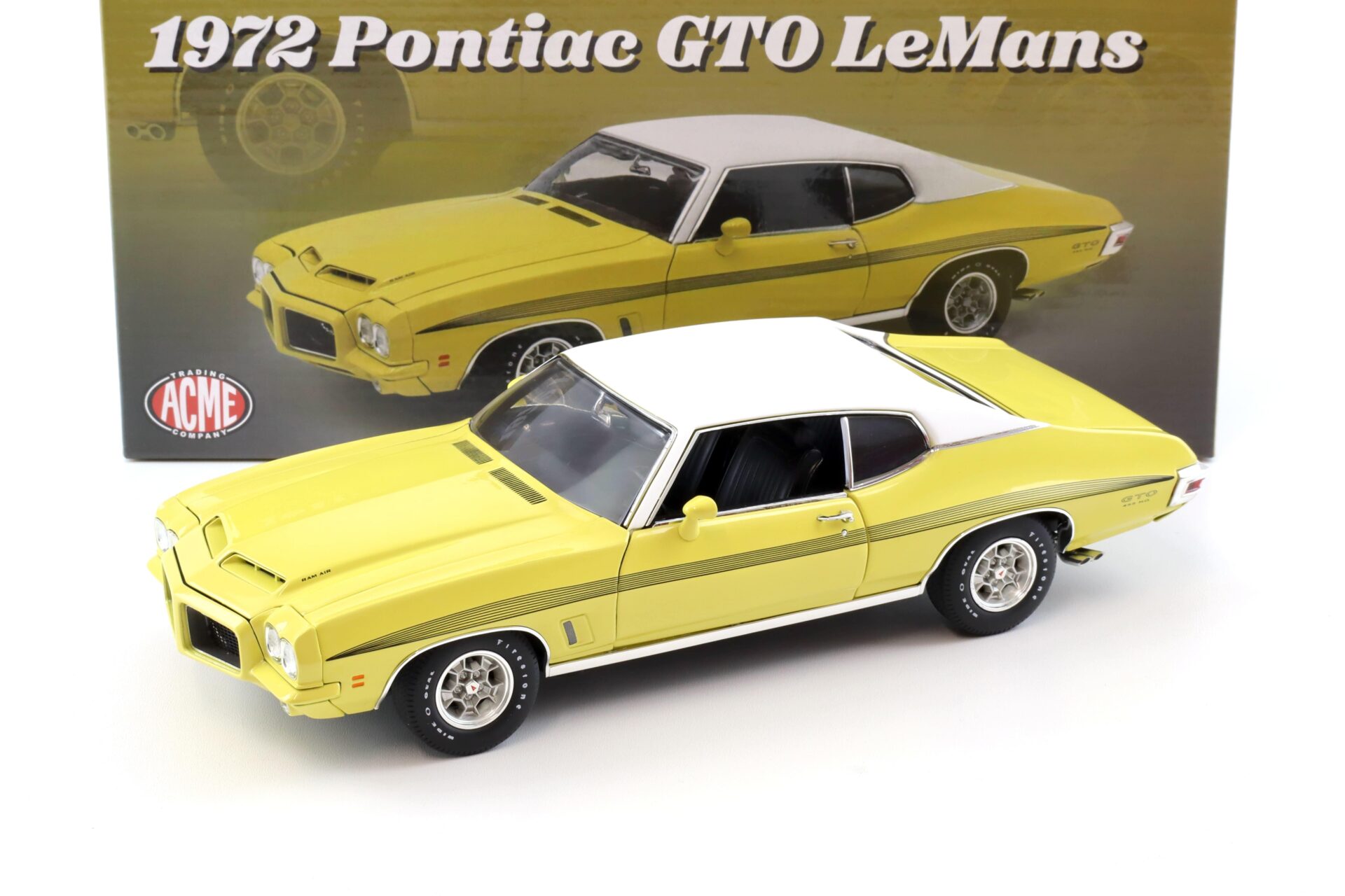 1:18 ACME 1972 Pontiac GTO LeMans Ram Air Coupe Monarch Yellow/ Vinyl Top