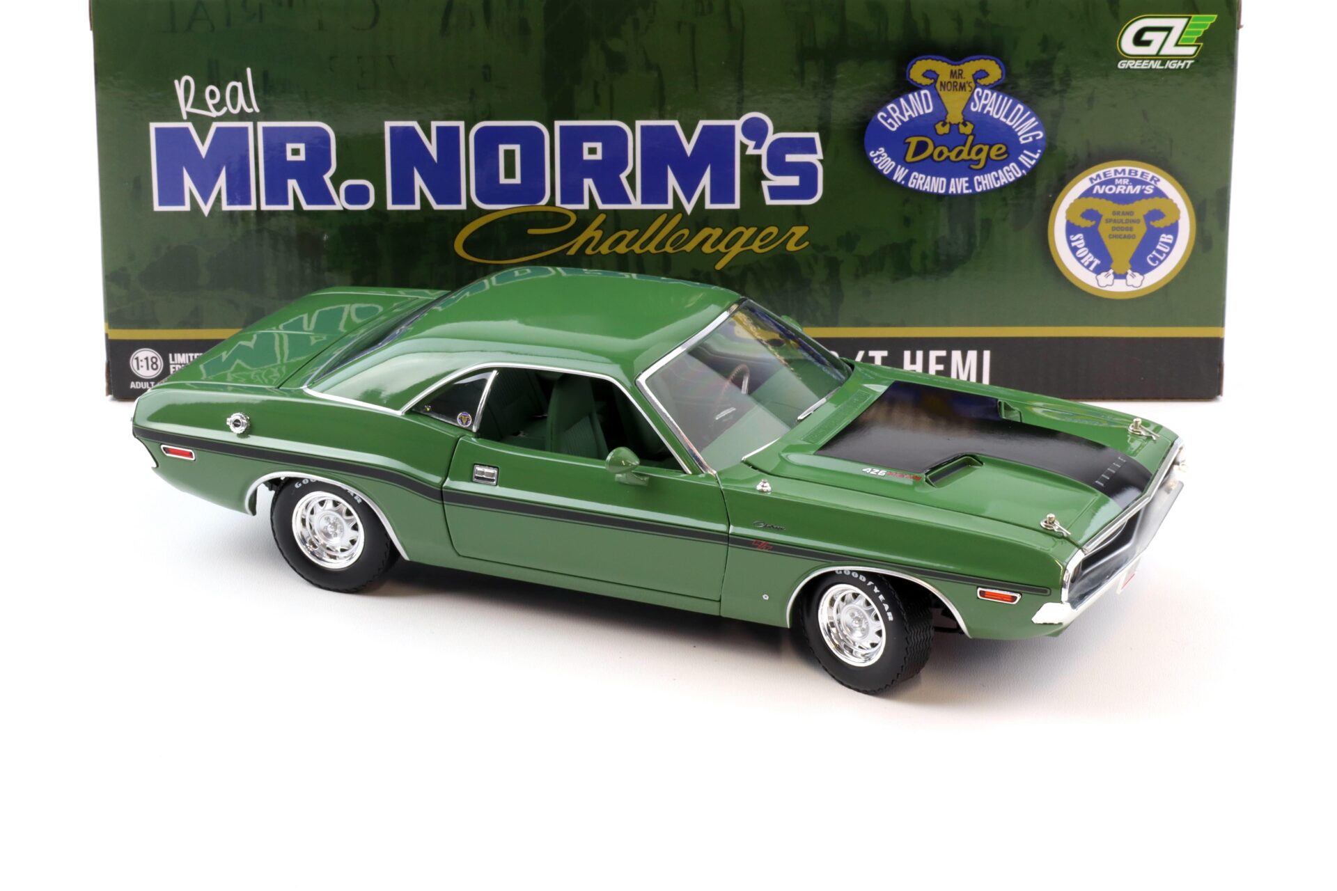 1:18 Greenlight 1970 Dodge Challenger R/T 426 Hemi Coupe Mr.Norms green/ black