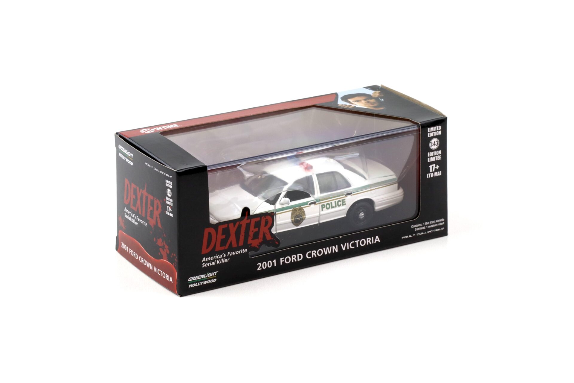 1:43 Greenlight 2001 Ford Crown Victoria Miami Metro Police DEXTER white
