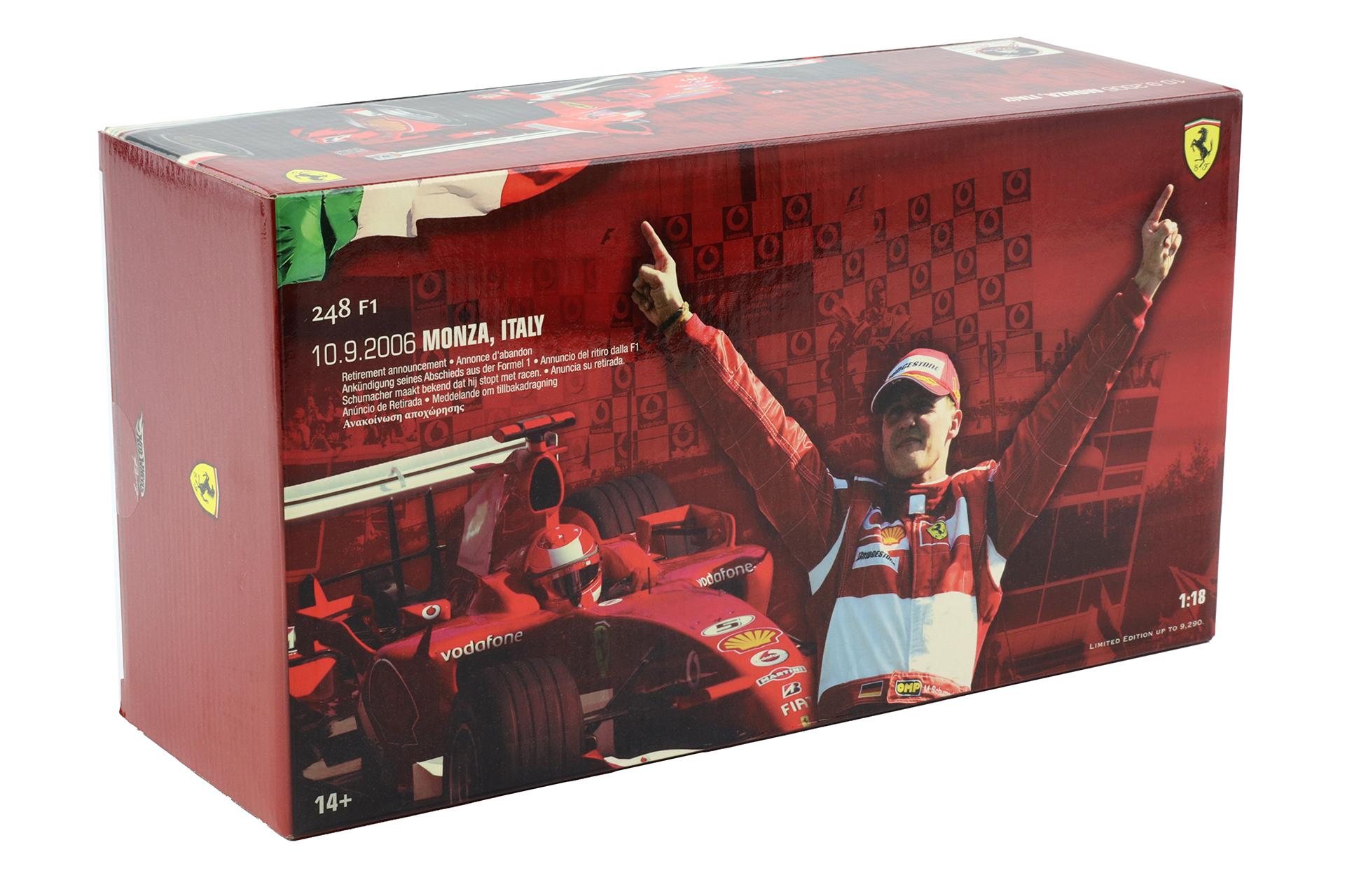 ID 108991 orig.jpg 1:18 Hot Wheels Ferrari 248 F1 #5 GP Monza 2006 M.Schumacher with Figure SEALED