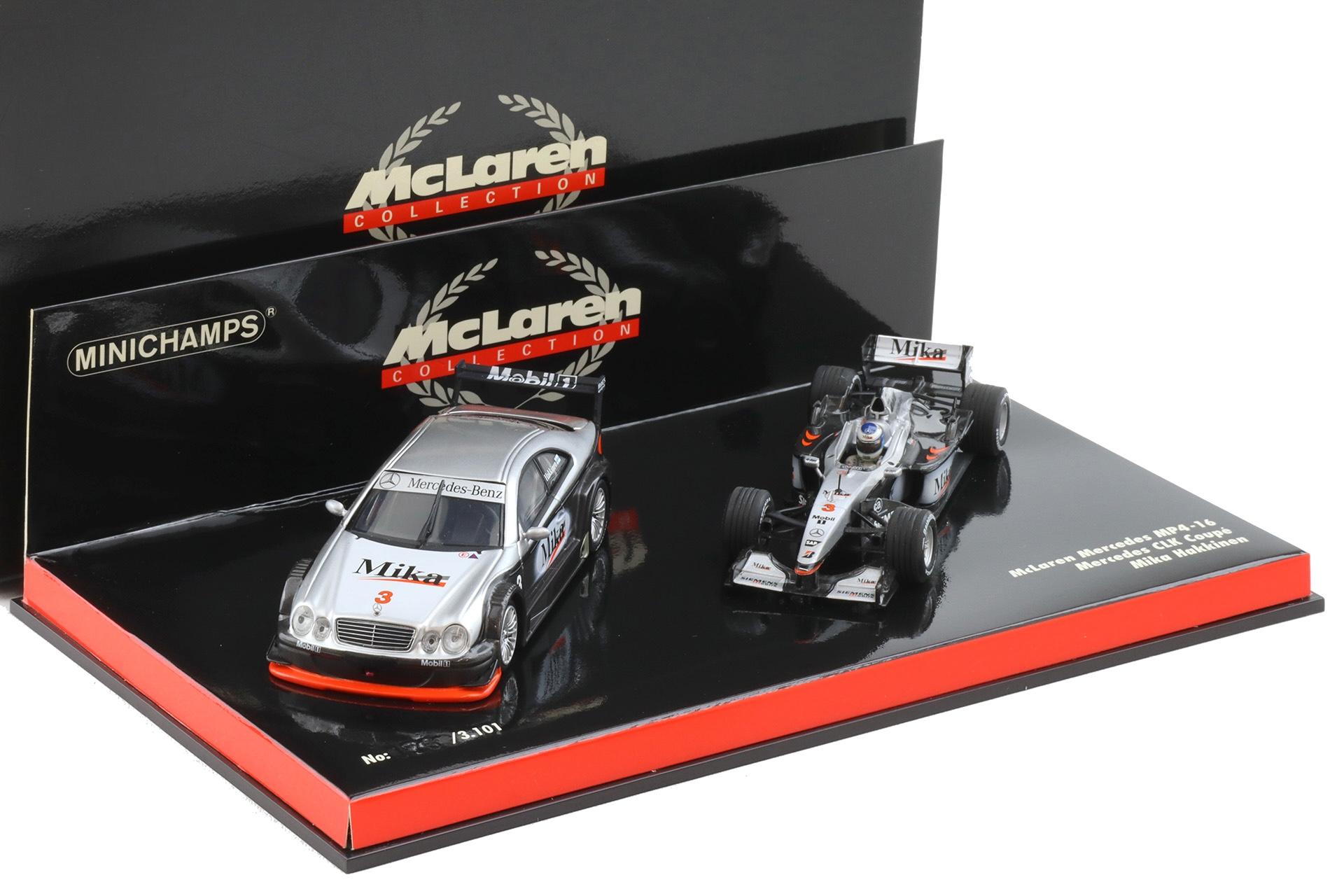 1:43 Minichamps SET McLaren Mercedes MP4-16 and CLK Coupe Test Car Mika Hakkinen
